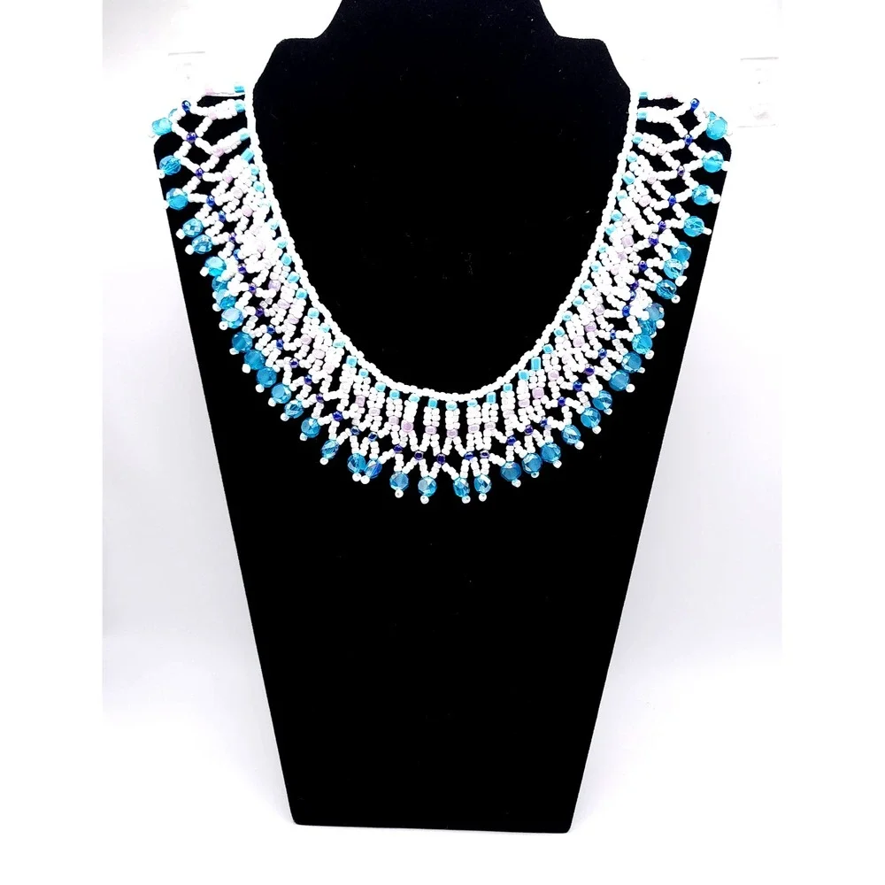 Aqua Blue Seed Bead Fringe Necklace Handmade Glass Collar Statement